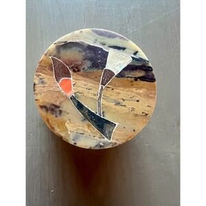 Vintage Stone Ring Trinket Box Inlaid Floral Design Hand Carved Made in India